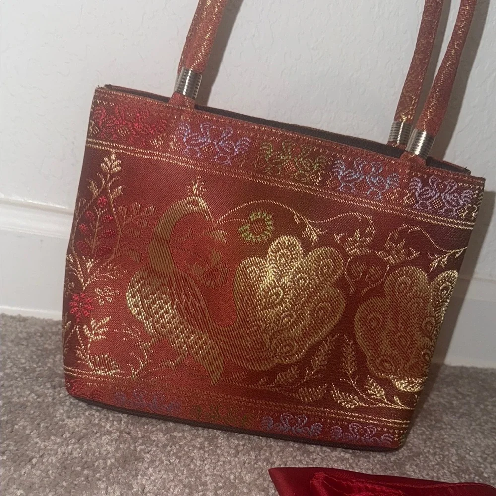 Elegant Red and Gold Peacock Bag + Scarf
